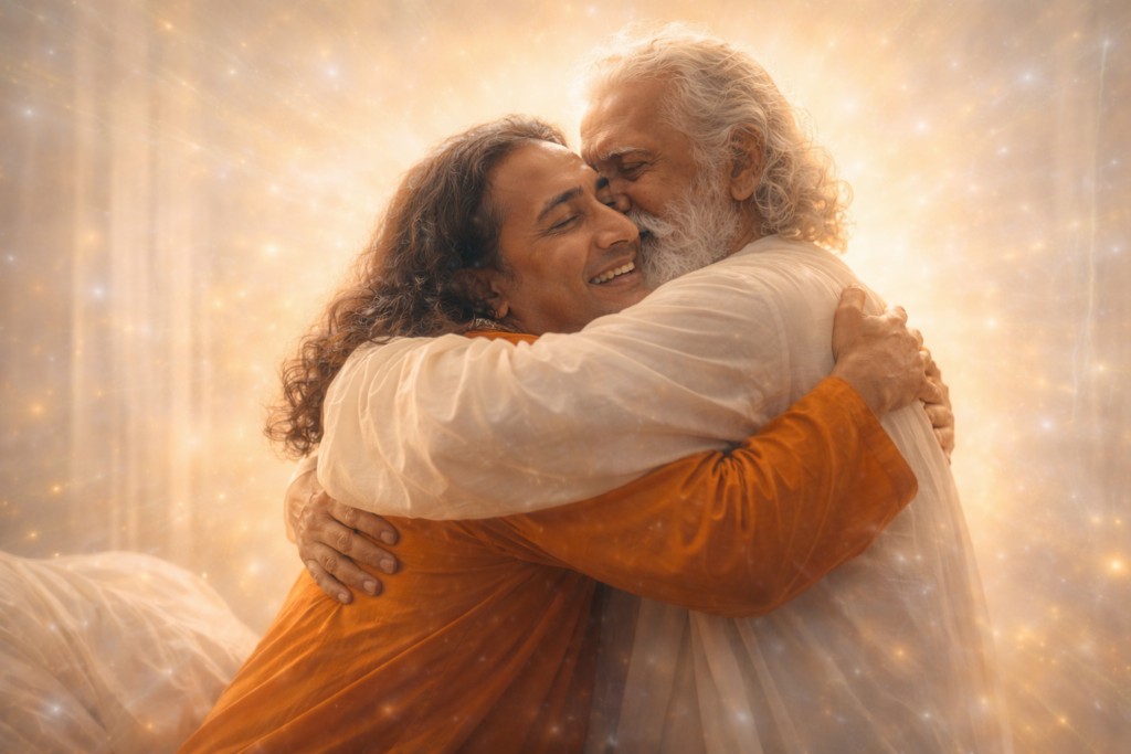 Illustration de la forte accolade que Yogananda prodigue à Sri Yukteswar, si heureux de le revoir.