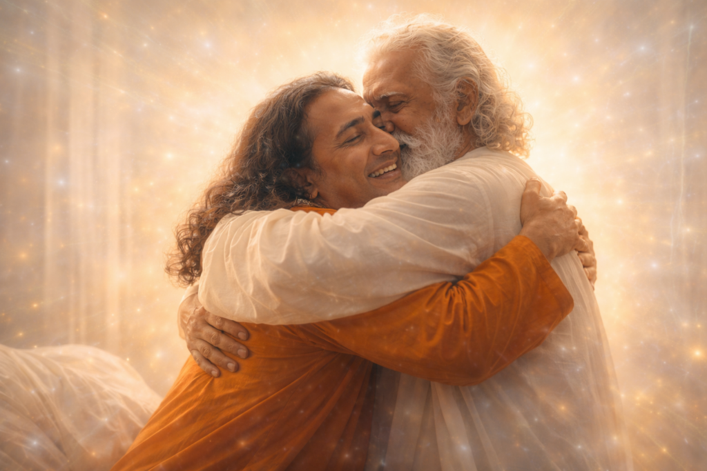 Illustration de la forte accolade que Yogananda prodigue à Sri Yukteswar, si heureux de le revoir.