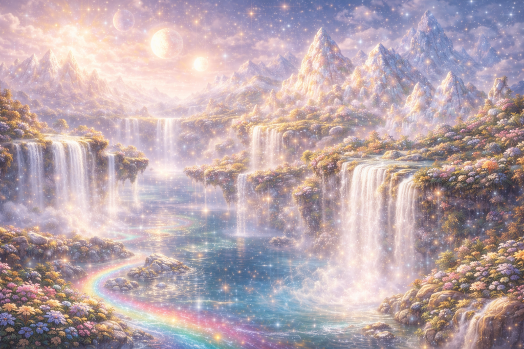 Illustration du paysage astral pur et lumineux à la nature étincelante et purifiée, harmonieuse de la planète Hiranyaloka.