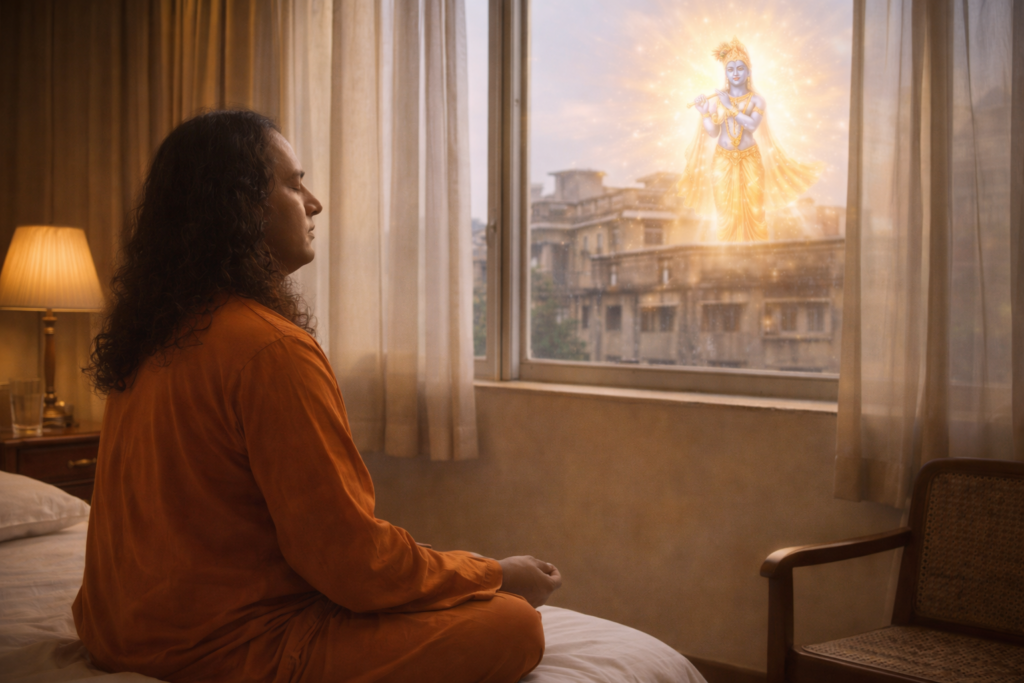 Illustration de l'apparition de Krishna à Yogananda, au-dessus du bâtiment élevé en face de sa chambre d'hôtel qui eut lieu quelques jours avant le contact avec Sri Yukteswar.