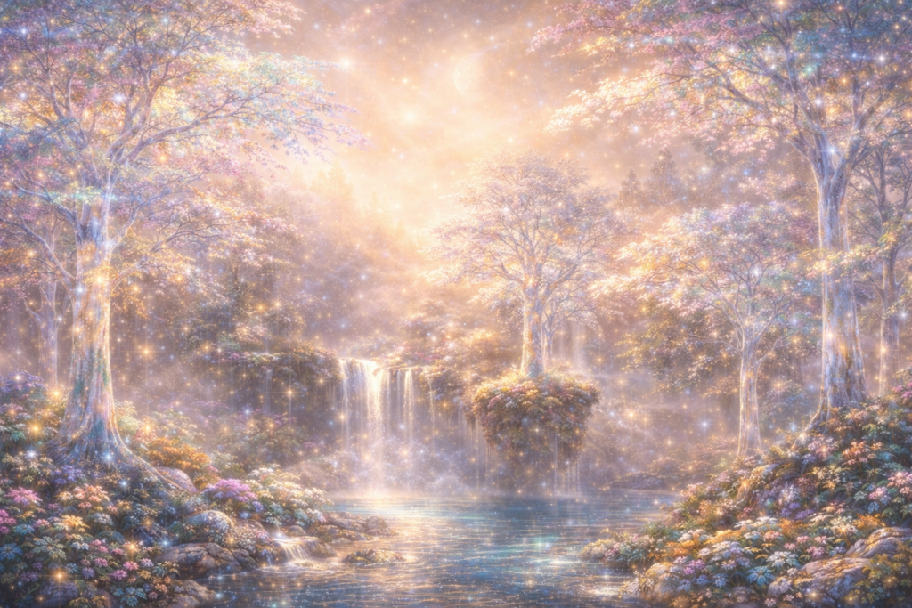 Illustration du magnifique paysage naturel lumineux et étincelant de Hiranyaloka.