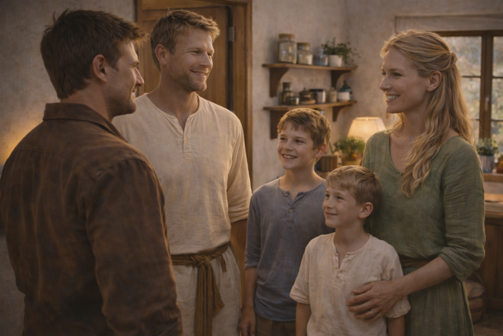 Illustration fictive de Aly, sa femme Ryka et leurs deux enfants, à qui Thomas est présenté.