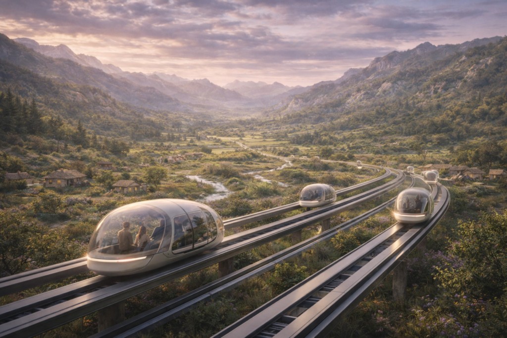 Illustration fictive des navettes transparentes se déplaçant sur des rails permettant de relier les villages entre eux pour les déplacements à faible distance.
