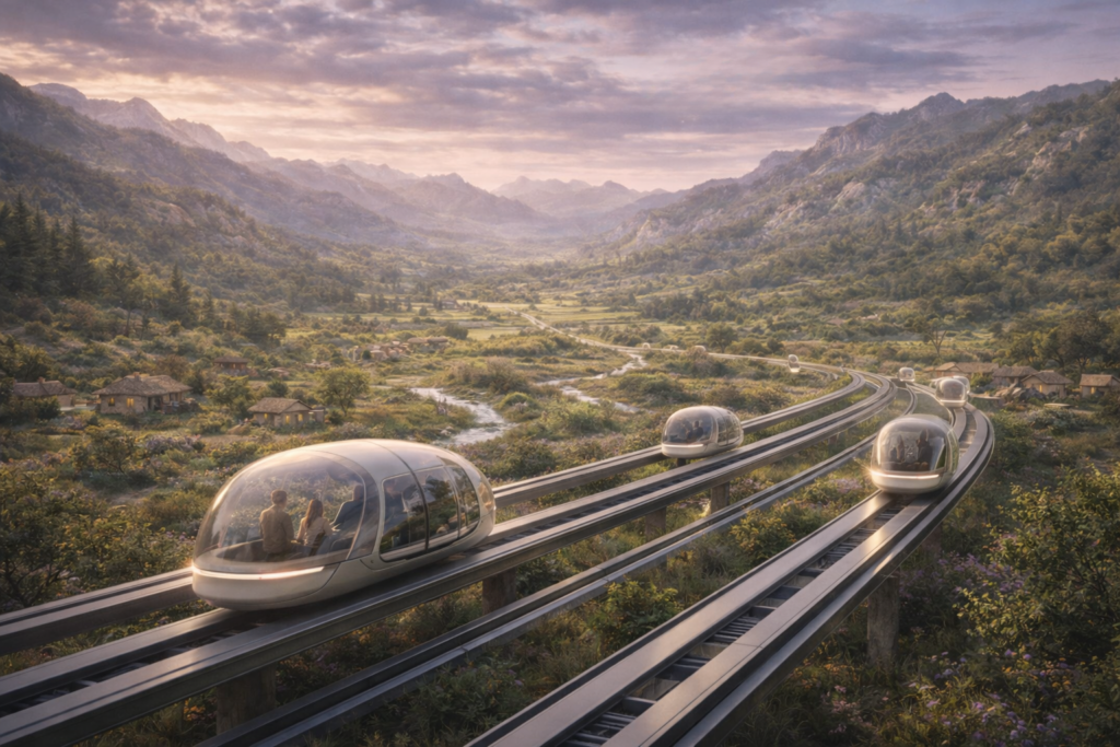 Illustration fictive des navettes transparentes se déplaçant sur des rails permettant de relier les villages entre eux pour les déplacements à faible distance.