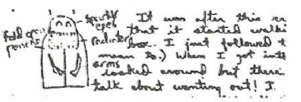 Dessin original non retouché de Phyl Pierceall, avec son texte manuscrit à côté, venant du livre.