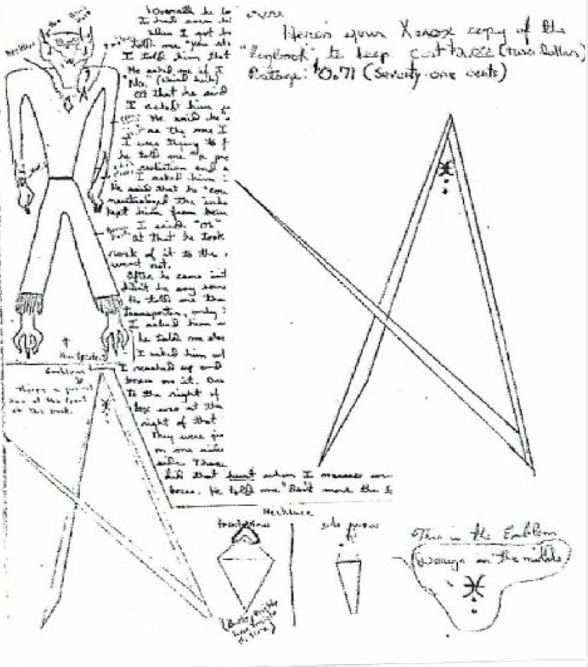 Voici un dessin original non nettoyé de Phyl montrant les apparences d'Andrak, de l'insigne et de la pierre, avec détail des symboles au sommet de l'insigne (symbole de type Ummite au-dessus des deux points), avec le texte manuscrit de Phyl en accompagnement, d'après livre.