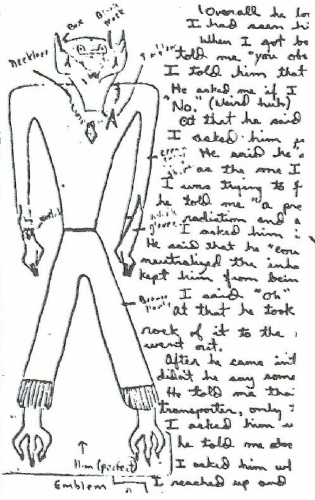 Zoom sur le dessin d’Andrak non nettoyé de Phyl Pierceall avec son texte manuscrit, d'après livre.