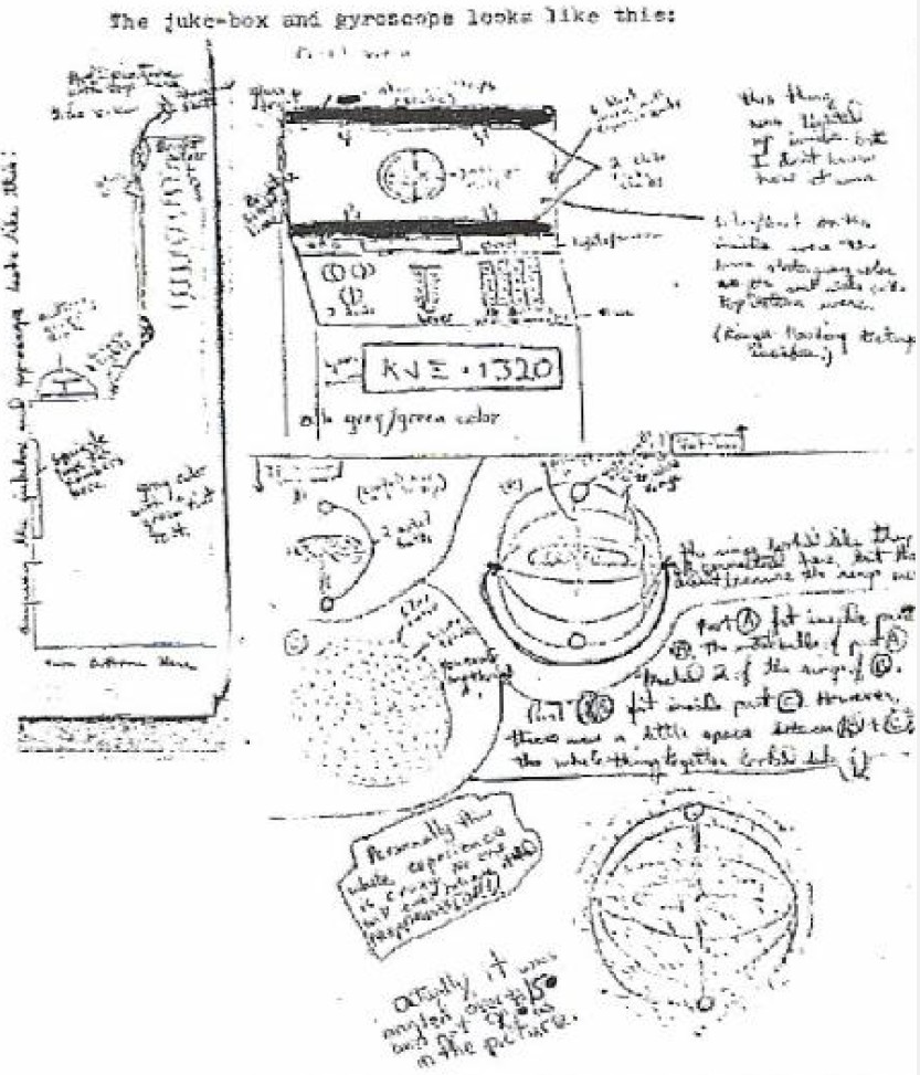 Dessin par Phyl de ce qu'elle appelle de par sa forme le "Juke-Box" qui n'est évidemment pas un Juke-Box mais une machine, qui sert à la stabilisation et à la navigation du vaisseau selon ce qu'explique Andrak.. Dessin de profil à gauche, de face en haut et détail de ce qui est observé dedans (un gyroscope tournant supporté par 6 anneaux et relié par 6 fils, encapsulé dans une sphère argnetée transparente) dessiné en bas. D'après livre.