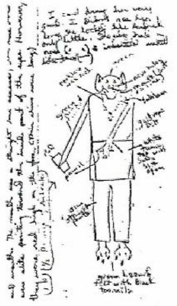 Dessin par Phyl de l'enfant venu demander quelque chose à Andrak, avec une sorte de tablette à la main que Andrak sembla "signer" (il a écrit dessus quelque chose de façon tactile), d'après livre. L'enfant ne portait pas de masque, ce qui a permis à Phyl de voir le visage précisément.