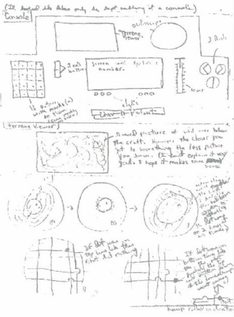 Dessin d'ensemble de tout ce que Phyl a observé précisément avec en bas les motifs et objets sur l'écran contrôlé par le robot, et observation des boutons et leviers de contrôle qu'il utilisait en haut.