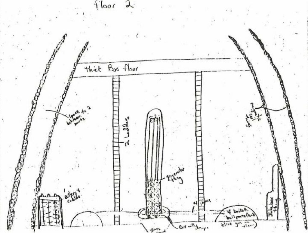 Etage 2 du vaisseau (Légende en haut : sol épais - Légende de gauche à droite en haut : espacement entre les deux ouvertures, 2 la chose qui ressemble à un générateur, échelles,  des choses du genre bobines magnétiques (le long des parois internes côté paroi intérieure et extérieures, les dispositifs à 3 bobines sur plaque de cuivre) - Légende de gauche à droite en bas : batterie et câbles, verre, boite avec des choses, 4 tuyaux, 4 orifices de ballons de basket (avec du gaz bleu dedans), la chose ressemblant à un Jukebox).