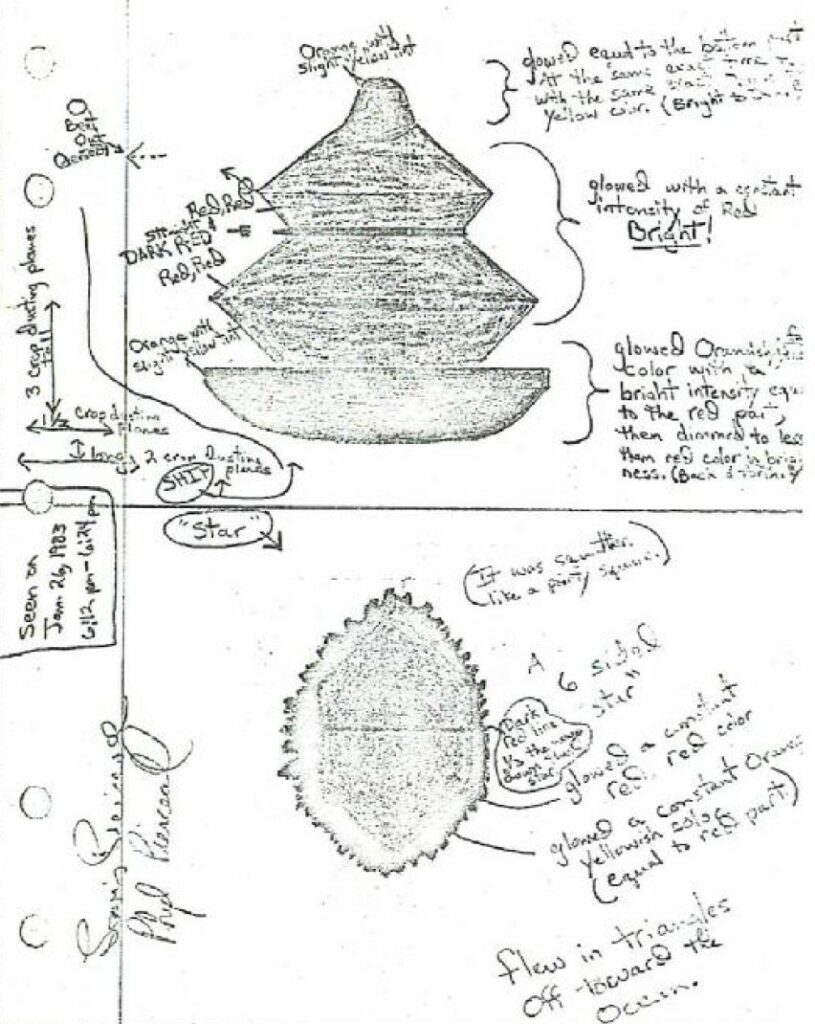 Dessin par Phyl de l'appareil volant qu'elle a observé, avec annotations manuscrites par elle, d'après livre.