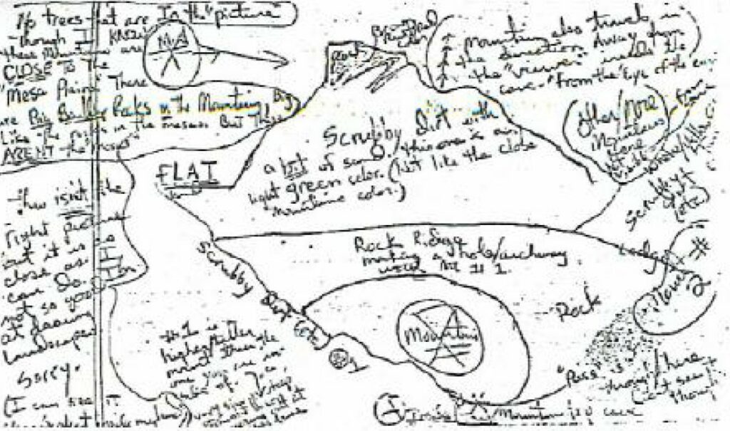 Carte dessinée par Phyl Pierceall indiquant sa vision du mont Tacoma avec l’environnement permettant de le situer.