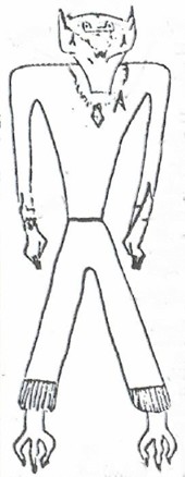 Vue entière de face d’Andrak avec le masque style « batman » posé sur le visage qui cache nez et bouche et finit sur la pointe des oreilles, provenant de dessins de Phyl légèrement nettoyés, d'après livre.
