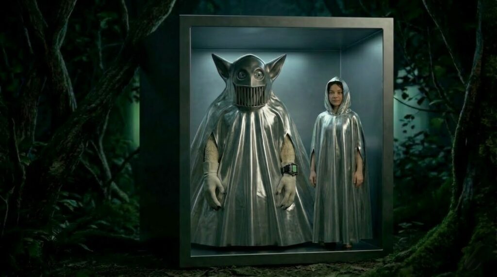 Illustration réaliste de la scène où Phyl, recouverte du même poncho métallisé que l’être le suit dans la boite posée au sol, selon description faite de Phyl Pierceall dans le livre.