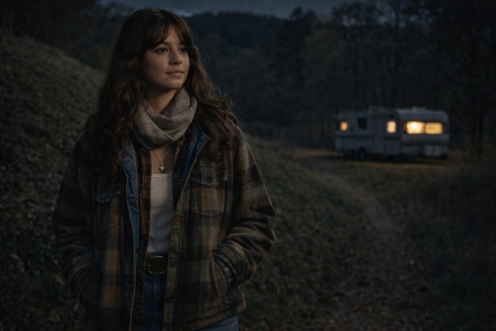 Illustration de Phyl allant faire une balade dans les bois près de la colline à proximité de son domicile (une caravane).