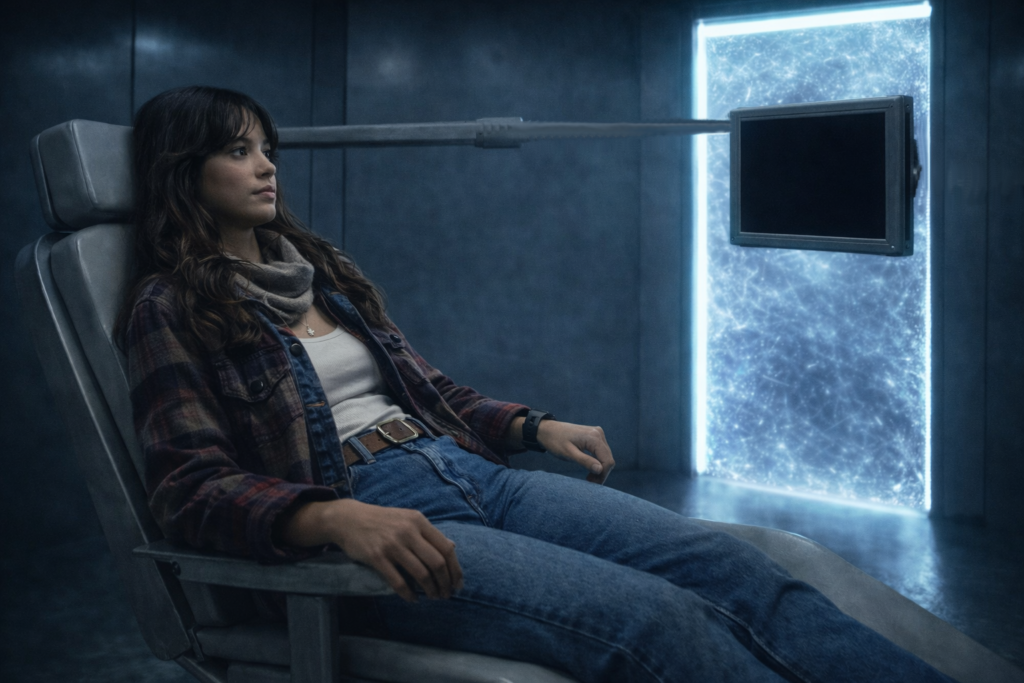 Illustration réaliste du moment où Phyl est dans le fauteuil avec l’écran devant attachée par un bras au mur, elle observe la pièce carrée avec la porte fermée par un champ de force lumineux, selon description de Phyl Pierceall dans le livre.