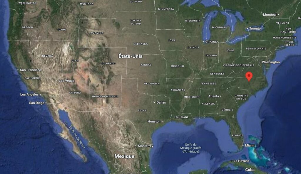 Situation de la zone de résidence et de contact de Phyl Pierceall en Caroline du Nord aux USA.