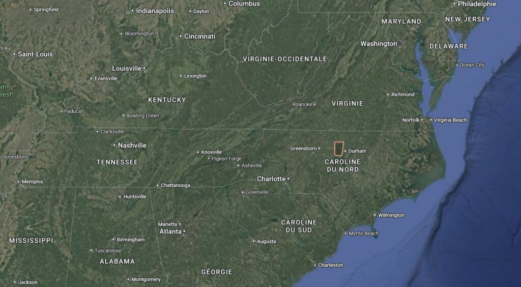 Comté « Orange County » de Caroline du Nord (USA) où est situé Chapel Hill, où le contact de Phyl Pierceall eut lieu.