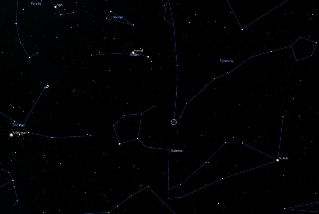 Situation de Alrescha (orthographié aussi Al Rischa) comme étoile majeure de la constellation des Poissons (étoile Alpha Poisson), à la pointe.