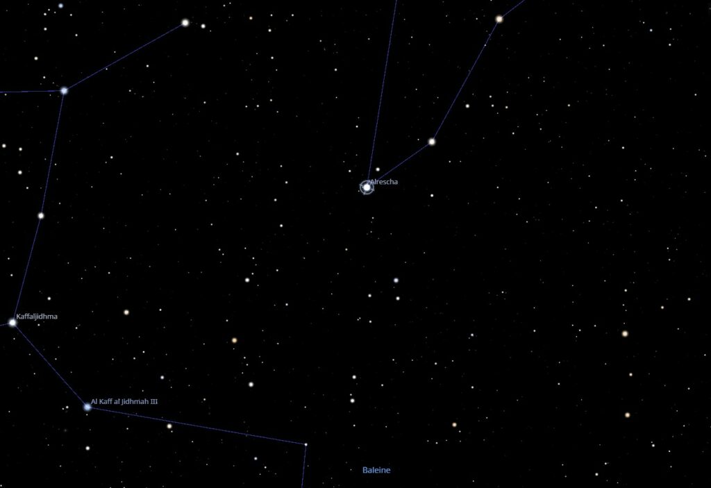 Zoom sur Alrescha dans les Poissons, qui est censée être le système de la planète base d’Andrak dans notre galaxie.