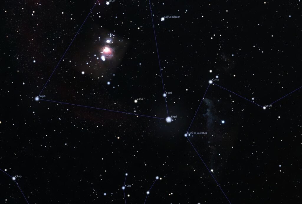 Zoom sur l’étoile Rigel (étoile Beta Orion), qui est en fait un système d’au moins 4 étoiles visibles