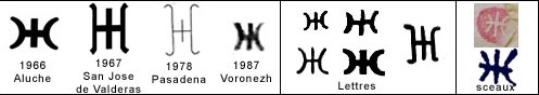 Voici à gauche avec dates des symboles Ummites liés à des observations d'Ovni, et sur la droite les symboles Ummites utilisés dans les lettres Ummites, ainsi que leur sceau parfois apposé sur les lettres, à titre de comparaison avec le symbole vu par Phyl qui représente le monde-base d'Andrak dans notre galaxie. Coïncidence ou est-ce un lien ?