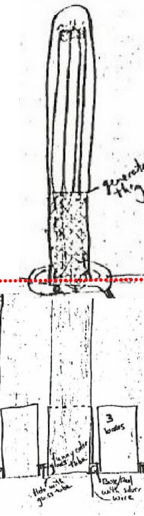 Assemblage depuis les dessins des vues intérieures de chaque étage du vaisseau (voir Extrait 1), avec la partie basse de la machine de Van de Graaf à têtes multiples sous verre pour fonctionnement sous vide, qui est au 1er étage du vaisseau (au plus bas, dont le sol est la coque extérieure du dessous du vaisseau) et séparation en pointille rouge qui montre la partie haute de la machine de Van de Graaf qui termine au 2ème étage du vaisseau (donc système très haut).