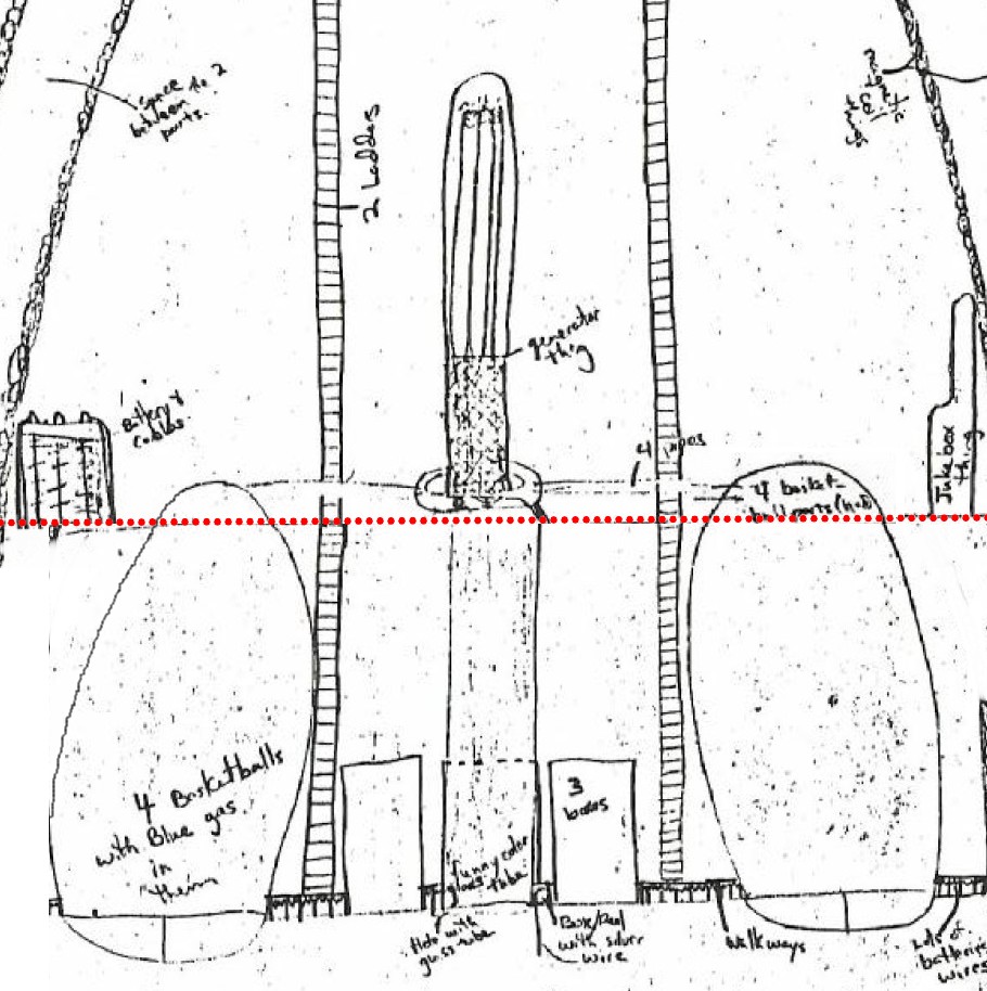 Autre vue d'assemblage plus grande, l'anneau de collecte des charges qui est placé tout autour du tube sous vide de la machine de Van de Graaf est connecté via trois tubes en verre aux sommets des 4 énormes sphères qui sont des unités de stockage des charges selon ce qu'indique Andrak. Le dessous de ces 4 sphères constitue les 4 "demi ballons de basket" placés sous le dessous de la coque de l'appaeil qui émettent du "gaz bleu". Ce sont des émissions coronales dues à la très haute tension de ces sphères, qui permet une poussée électrogravitique (antigravité par très haute tension), phénomène répertorié sur Terre dans des expériences non reconnues de la physique officielle.