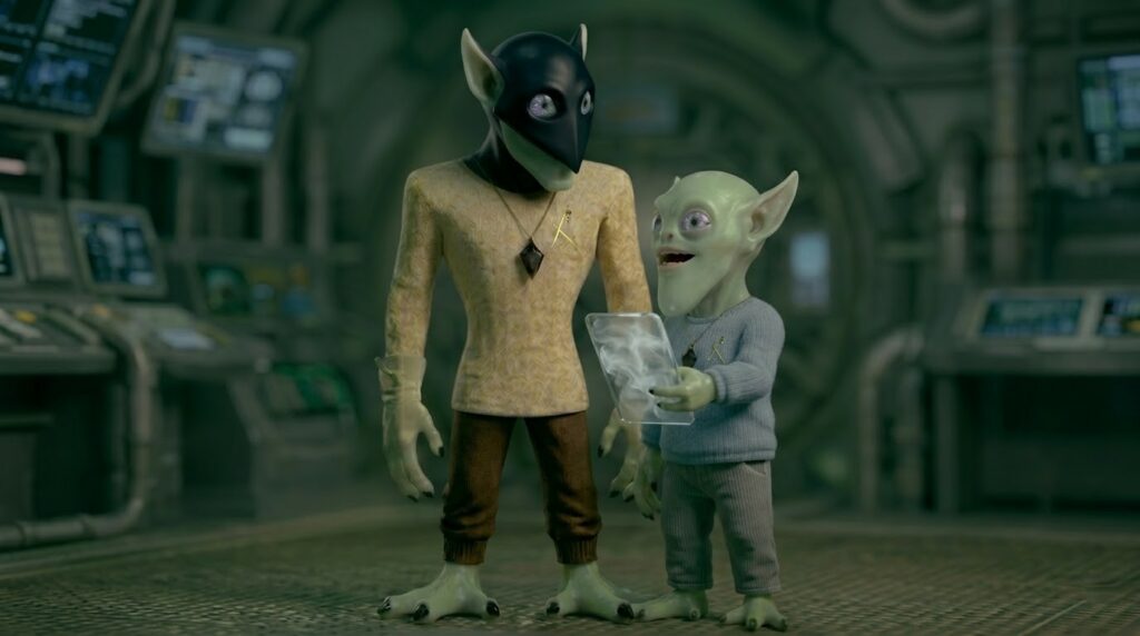 Illustration réaliste de Andrak et l'enfant qui semble s'appeler Sedja, venu le voir ans permission et sans masque, qui s'est fait peut-être réprimander au ton perçu par Phyl. Il venait parler à Andrak du vortex diamagnétique qui entoure le vaisseau avec des éléments sur une sorte de tablette qu'il tient en main et montre à Andrak.