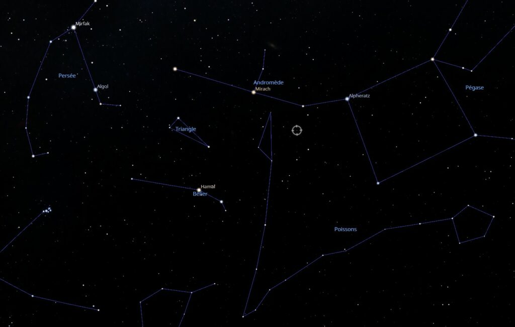 Emplacement de 65 Pisces (étoile double) dont on voit qu'elle n'est pas du tout Alrescha, pas la pointe de la constellation des Poissons, c'était une erreur de nommage.