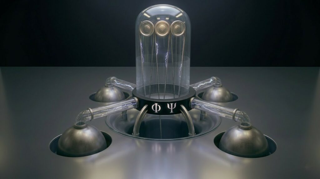 Illustration réaliste de la machine de Van de Graaff géante à courroies multiples et du collecteur de charge en anneau noir autour relié à des réservois ovoïdes de charge dont les sommets dépassent du sol, d'après descriptions et dessins du livre.