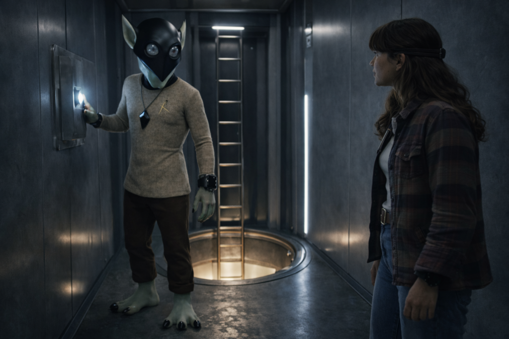 Illustration : Phyl suit Andrak à une échelle. Andrak fait ouvrir un sas au sol pour descendre à l'échelle au niveau inférieur du vaisseau, à l'aide de son cristal pendentif apposé sur un détecteur au mur à côté.