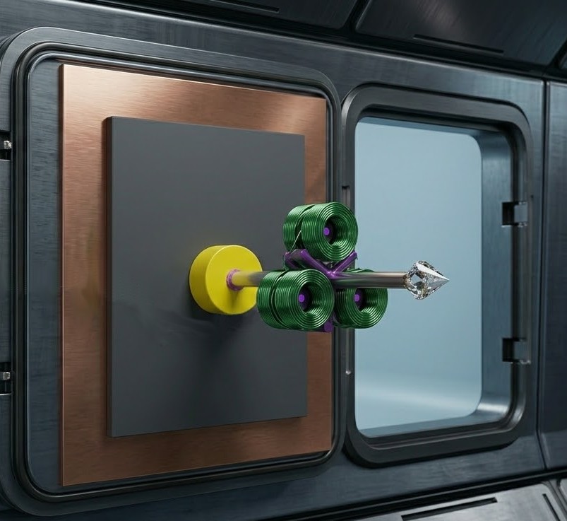 Illustration réaliste du dispositif décrit par Phyl sur une porte de la paroi intérieure du vaisseau, d'après les informations et dessins du livre. Les couleurs jaunes, vertes, violettes sont fictives et servent à différencier les éléments. Aucune couleur n'était décrite, cela devait être de couleur grise.