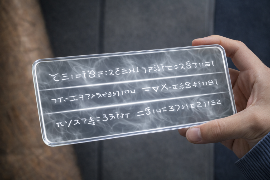 Illustration réaliste de la tablette avec comme de la fumée blanche à l'intérieur, qui permet d'afficher du texte avec les caractères extraterrestres, selon description de Phyl.