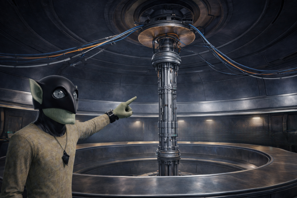 Illustration réaliste de la grande alle avec le poteau métallique relié au sommet de la pièce qui permet de créer l'entraînement mécanique rotatif de la deuxième coque la plus extérieure.