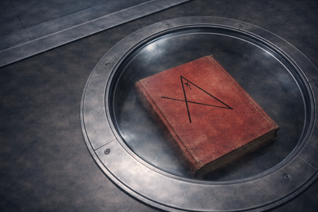 Illustration réaliste du livre vu par Phyl sous verre avec le symbole sur le "comptoir".