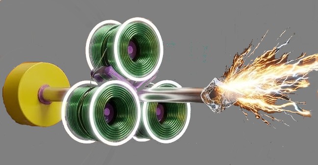 Illustration réaliste montrant le dispositif activé, énergétisé : la lueur faisant un cercle parfait autour des bobines et des jets d'étincelles envoyés depuis les arbres de bobine.