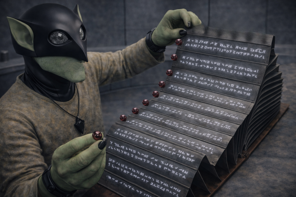 Illustration du livre ouvert par Andrak aux pages en accordéon, ui est une sorte de journal de bord dont les données sont écrites automatiquement en connexion radio probablement. Les informations de chaque page et d'autres complémentaires sont contenues dans les pierres grenats attachées au haut de chaque page. Andrak en prend une pour l'amener dans un lecteur plus loin pour Phyl.