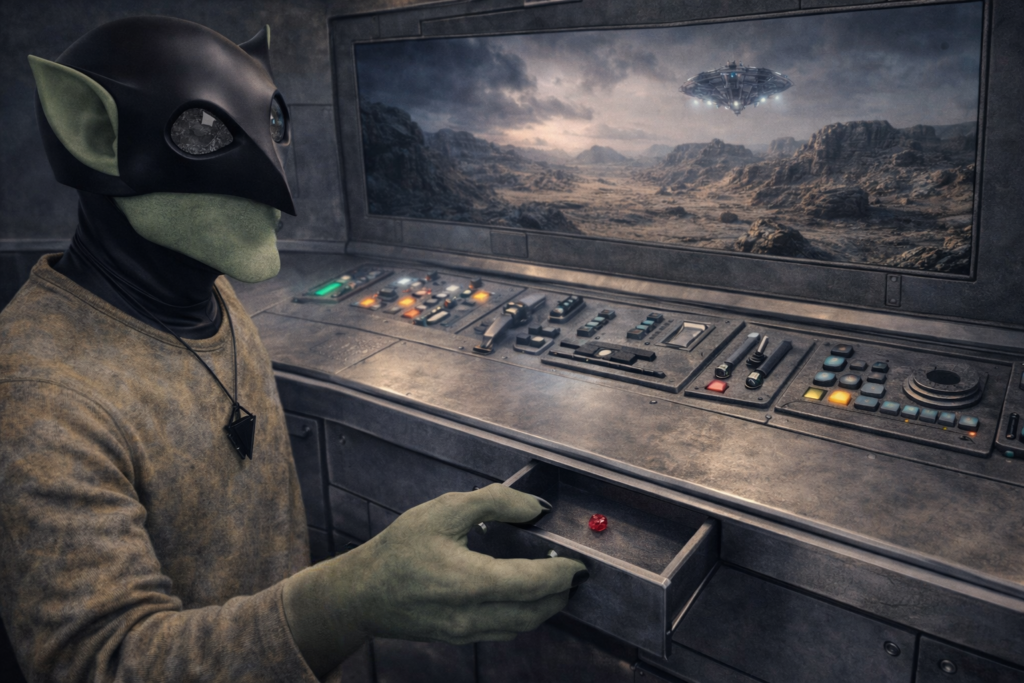 Illustration réaliste d'Andrak déposant la pierre grenat dans le boitier lecteur du "comptoir" pour projection de lecture sur l'écran géant au-dessus.