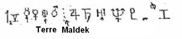 Dessin extrait du dessin global de Phyl sur le comptoir, avec ce qu'elle a vu sur l'écran lorsque Andrak lui a expliqué lui montrer les planètes de notre systèe solaire. Chaque planète est décrite par un symbole. Andrak désigne à Phyl où est la Terre, et la position de Maldek transformée en ceinture d'astéroïdes. On voit que des planètes sont symbolisées encore vers l'extérieur du système solaire, pour un total de 12 planètes sans compter Maldek.