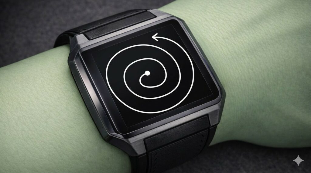 Illustration réaliste du dispositif à écran que porte Andrak au poignet, qui ressemble à une montre mais n'en est pas une. Motif de spirale observé avec point lumineux allant du centre vers le bord.