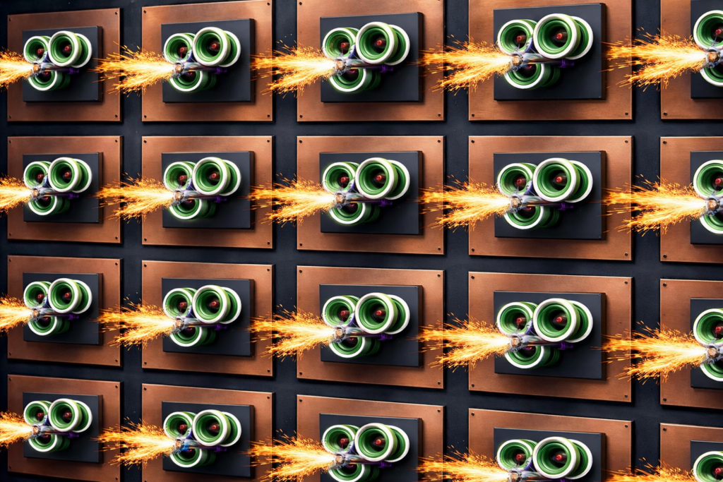 Illustration réaliste des surfaces internes se faisant face en rotation l'une par rapport à l'autre taissées des unités à trois bobines, de la coque intérieure et de la coque extérieure du vaisseau. L'espace se charge selon Andrakd' électricité libre, positrons et positronium.