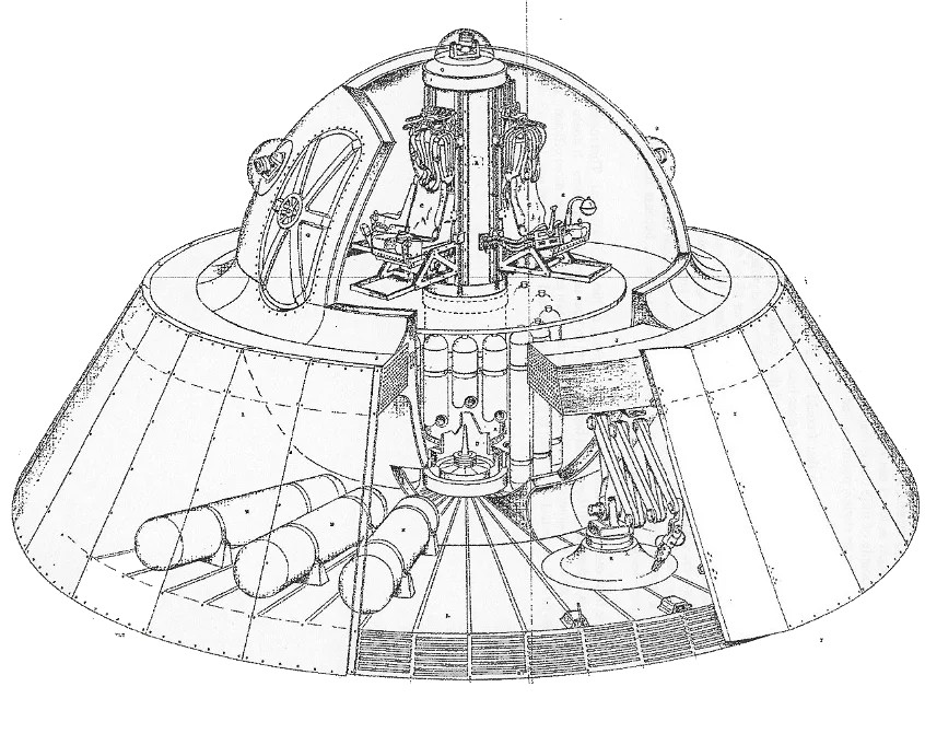 ARV (Alien Replication Vehicle) - Plan de l'appareil vu par Mc Candlish, fonctionnant sur le principe de la poussée électrogravitique avec le sandwich de plaques de condensateurs sur le dessous, alimentés par des bobines de Tesla (haute tension alternative) et certainement des diodes redresseurs hautes tensions pour transformer en tension continue de millions de volts (l'électrogravitique ne fonctionne pas avec la tension alternative comme les bobines de Tesla mais en tension continue comme les générateurs de Van de Graaff ou des bobines de Tesla avec des diodes redresseuses de tension pour transformer en continu, ce qui est compliqué pour des millions de volts, générateur de Van de Graaff plus simple).