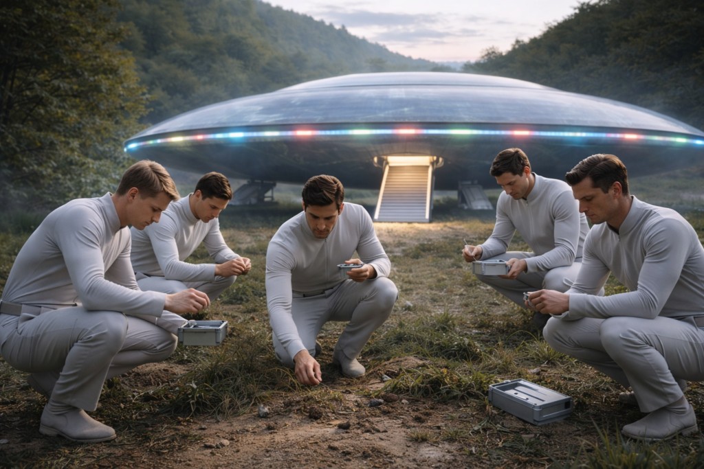 Image illustrative des hommes d’équipage du vaisseau en train de prélever des échantillons au sol dans la nature.