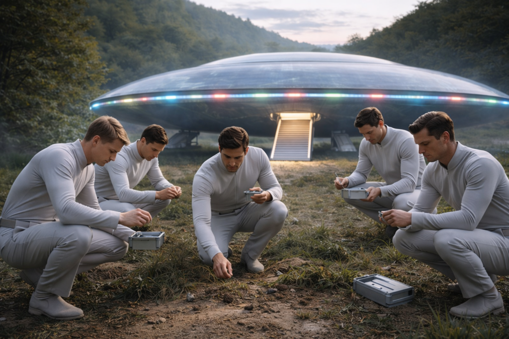 Image illustrative des hommes d’équipage du vaisseau en train de prélever des échantillons au sol dans la nature.