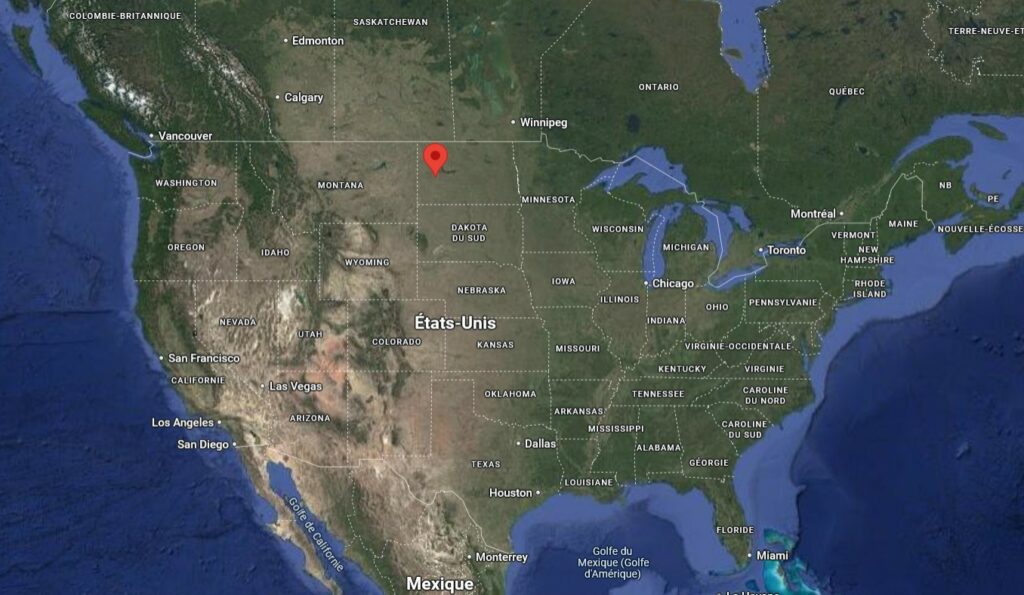Emplacement du contact dans le Dakota du Nord sur la carte globale d’Amérique.