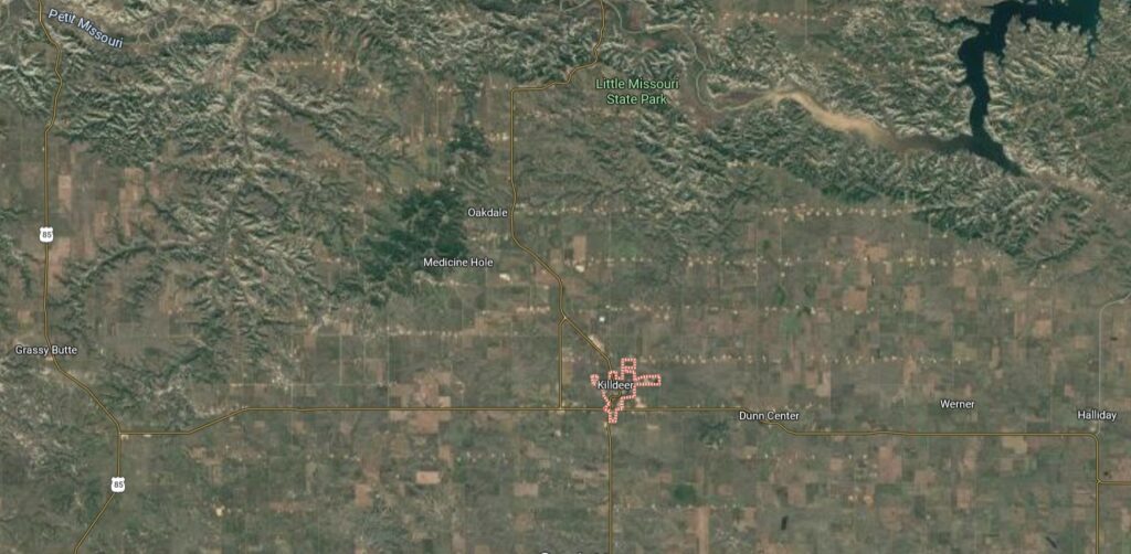 Killdeer et alentours, collines – Ainsi que Dunn Center, USA.