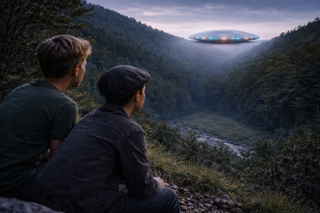 Illustration de Leo et Mike qui sont déjà installés dans la zone d’immobilisation du champ de force du vaisseau lorsqu’il atterrit.