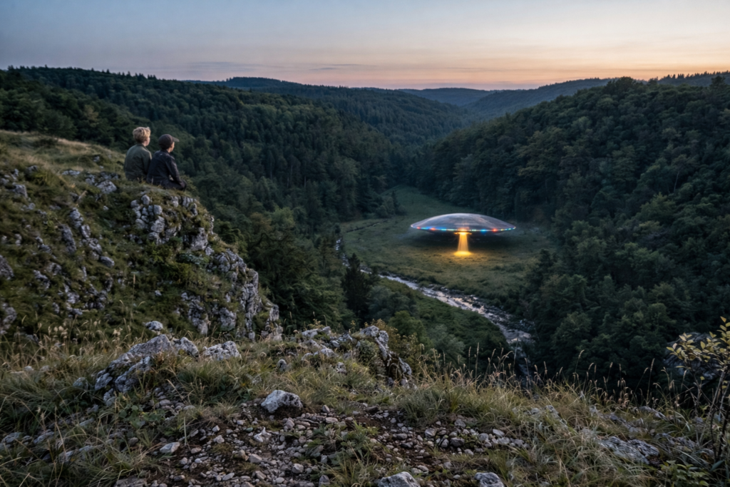 Image illustrative de la première observation du vaisseau par Leo et Mike Dworshak, d’assez loin en haut de la colline, ils ne peuvent aller plus loin.